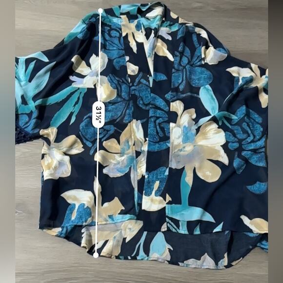 Zara Navy Blue & Blue Floral Print Fringe Cardigan Kimono Size L - Picture 9 of 9